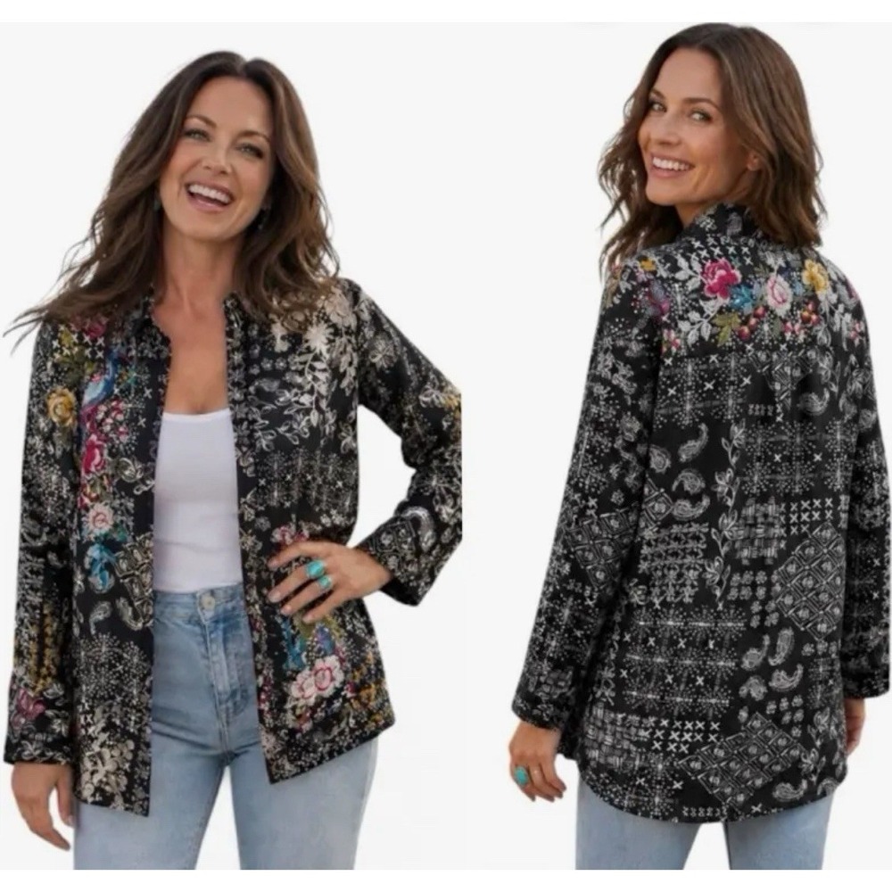 Johnny Was Workshop M Oversized Embroidered Button Down Bird Floral Boho Whimsy - Picture 2 of 13
